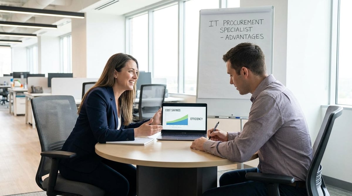 Two professionals in business casual attire having a discussion at a round table with a laptop in a modern office environment