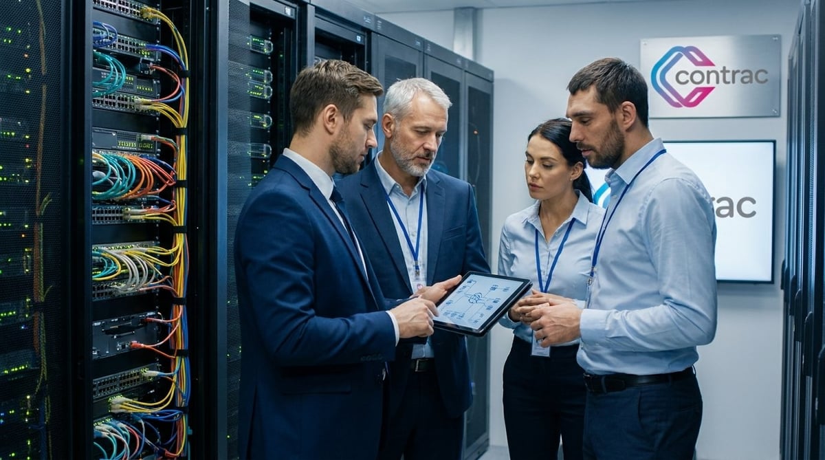 Four business professionals reviewing a tablet in a server room with networking equipment and company branding visible