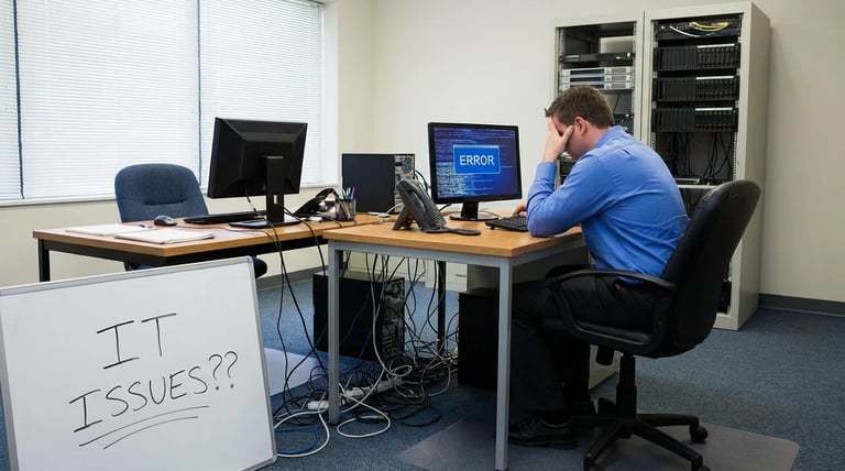 IT technician in blue shirt sitting at desk with multiple monitors showing error message, server racks in background, IT Issues sign visible