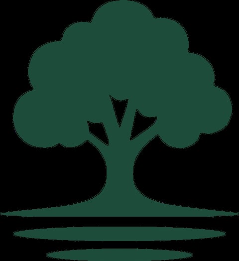 Stillwaters — single-colour tree-and-reflection silhouette in forest green, used for tool stickers, signage and small-format applications