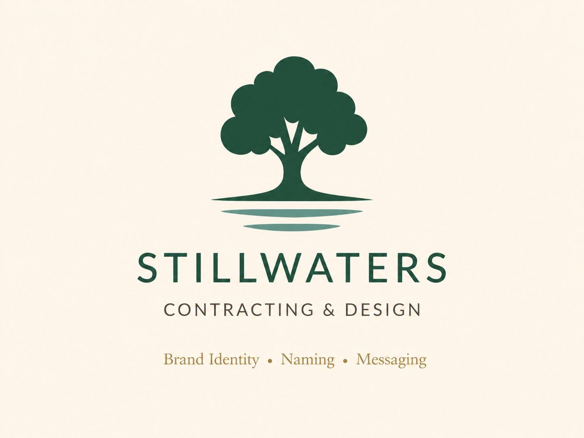 Stillwaters Contracting and Design — primary logo with stylized tree, water reflection lines, wordmark and supporting label Brand Identity · Naming · Messaging