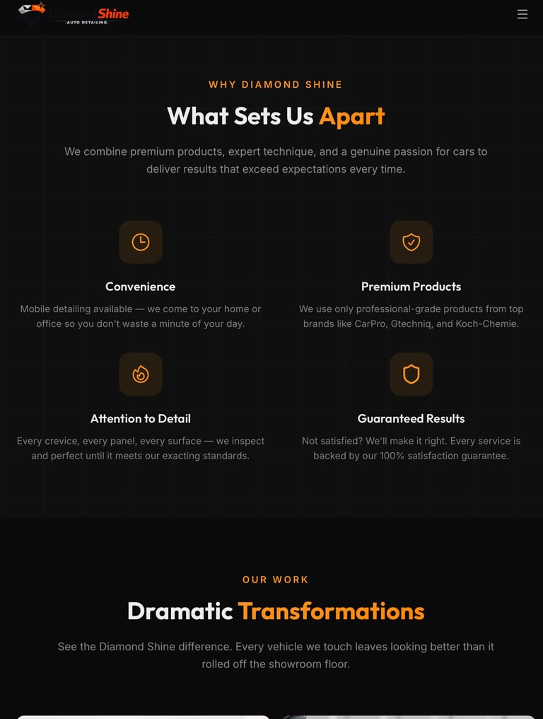 Diamond Shine car detailing website showing why they stand apart with four key features: Convenience, Premium Products, Attention to Detail, and Guaranteed Results