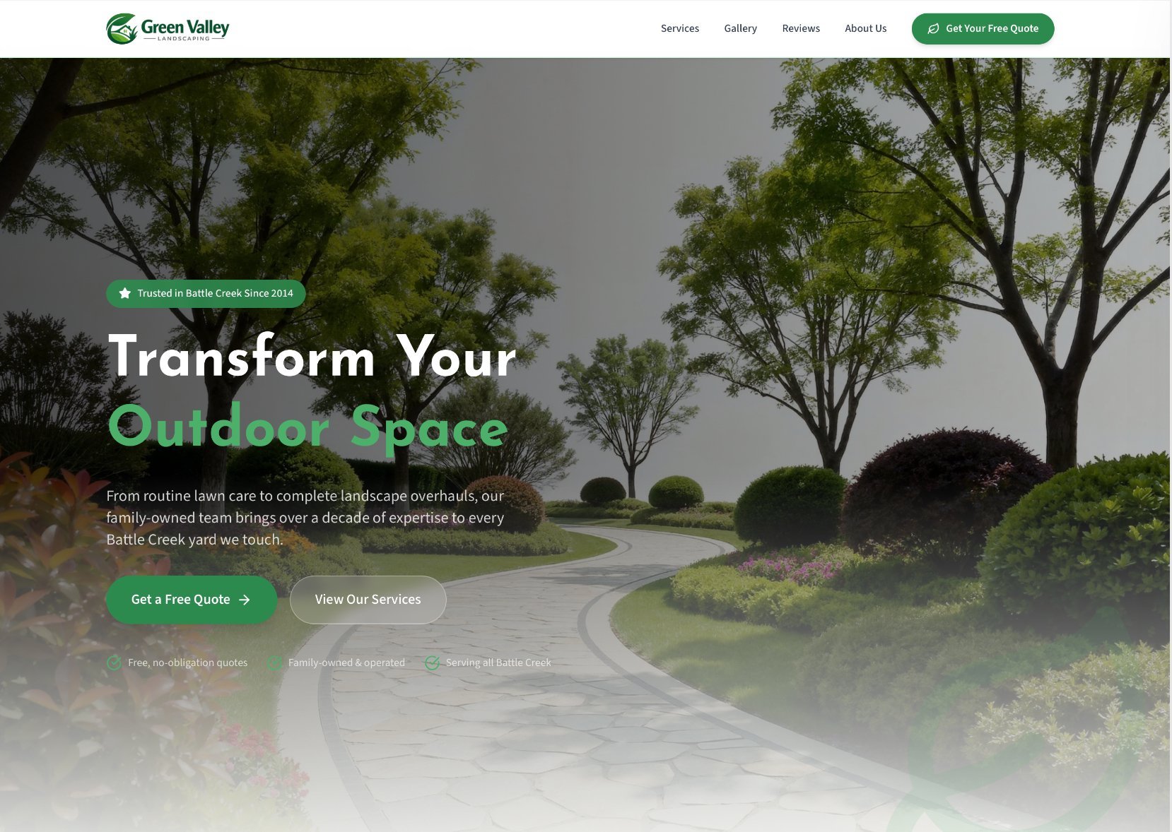Green Valley landscaping website hero section showing a manicured garden pathway with trees and shrubs alongside Transform Your Outdoor Space headline