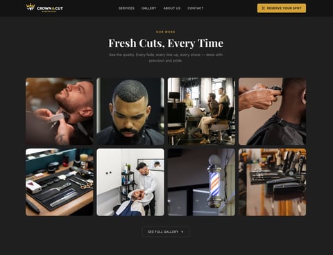 Barber shop website grid displaying Fresh Cuts services with photos of haircuts, styling, and barbering tools