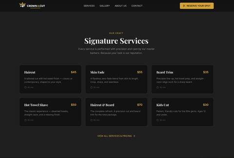 Signature Services pricing page showing six grooming service options with prices