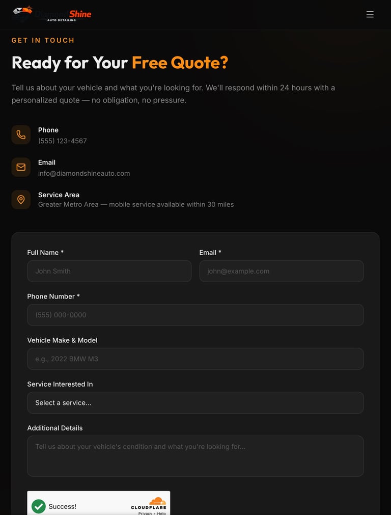 Auto service contact form with fields for name, email, phone, vehicle details, and service type inquiry