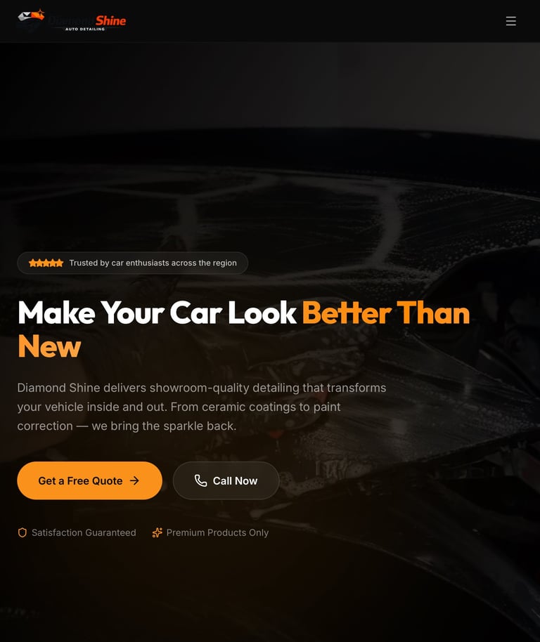 Diamond Shine car detailing website hero section with dark car background and orange call-to-action buttons