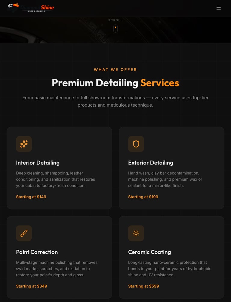 Website section showing four premium car detailing services: Interior Detailing, Exterior Detailing, Paint Correction, and Ceramic Coating, each with pricing and descriptions.
