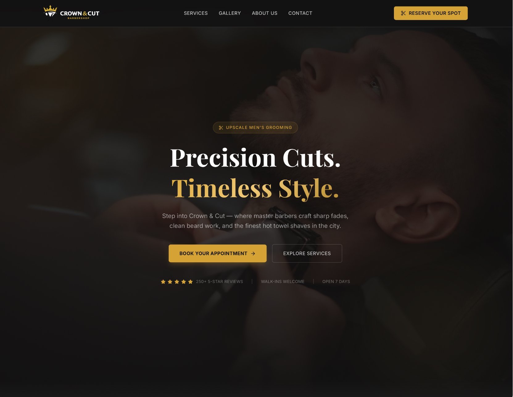 Website hero banner for Crown & Cut barbershop with tagline Precision Cuts, Timeless Style and call-to-action buttons