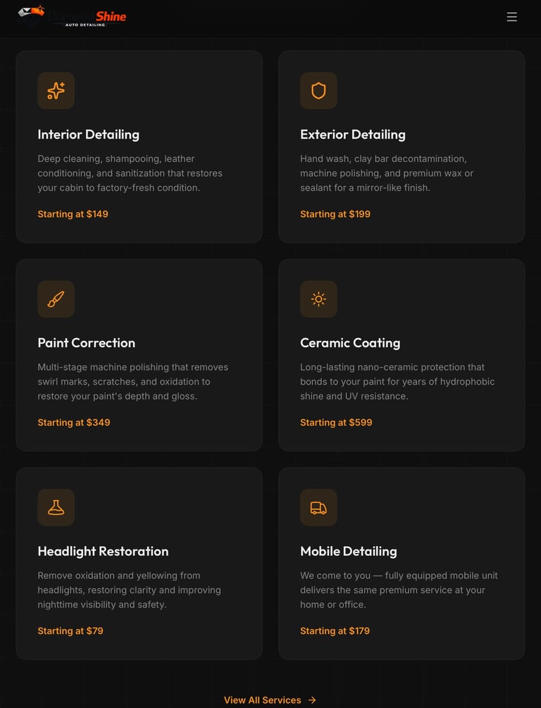Shine auto detailing services grid showing six service cards with icons, descriptions, and starting prices for interior and exterior car care