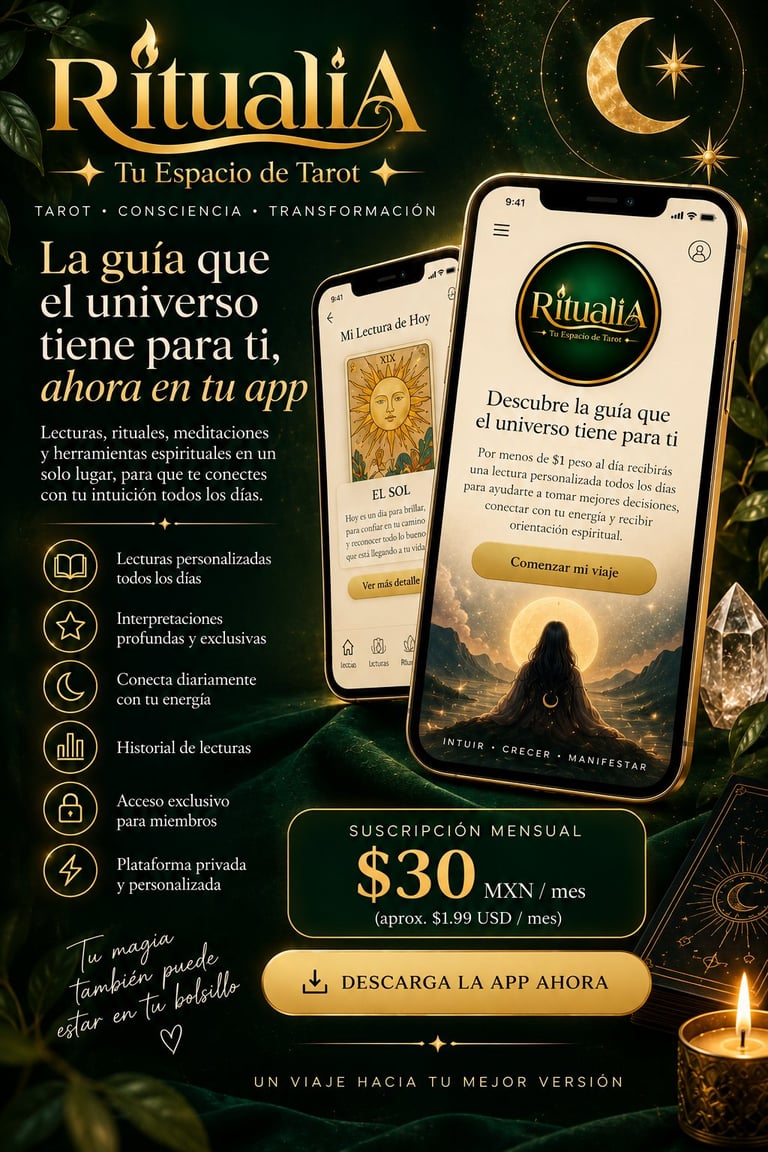 Flyer promocional de la app Ritualia mostrando pantallas de smartphone con lecturas diarias de tarot, mística elegante, y suscripción mensual de $30 MXN