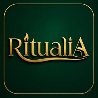 Ritualia logo with golden text and flame symbol on dark green background with rounded border