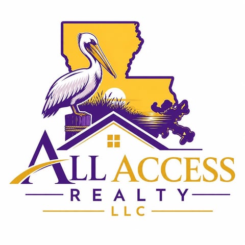 All Access Realty LLC logo featuring purple pelican and Louisiana state outline in gold and purple colors