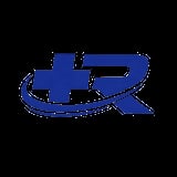 Blue medical plus sign with curved swoosh design forming letter R symbol