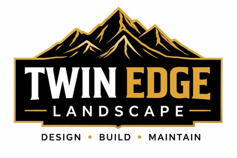 Twin Edge Landscape logo featuring gold and black mountain design with design, build, and maintain tagline
