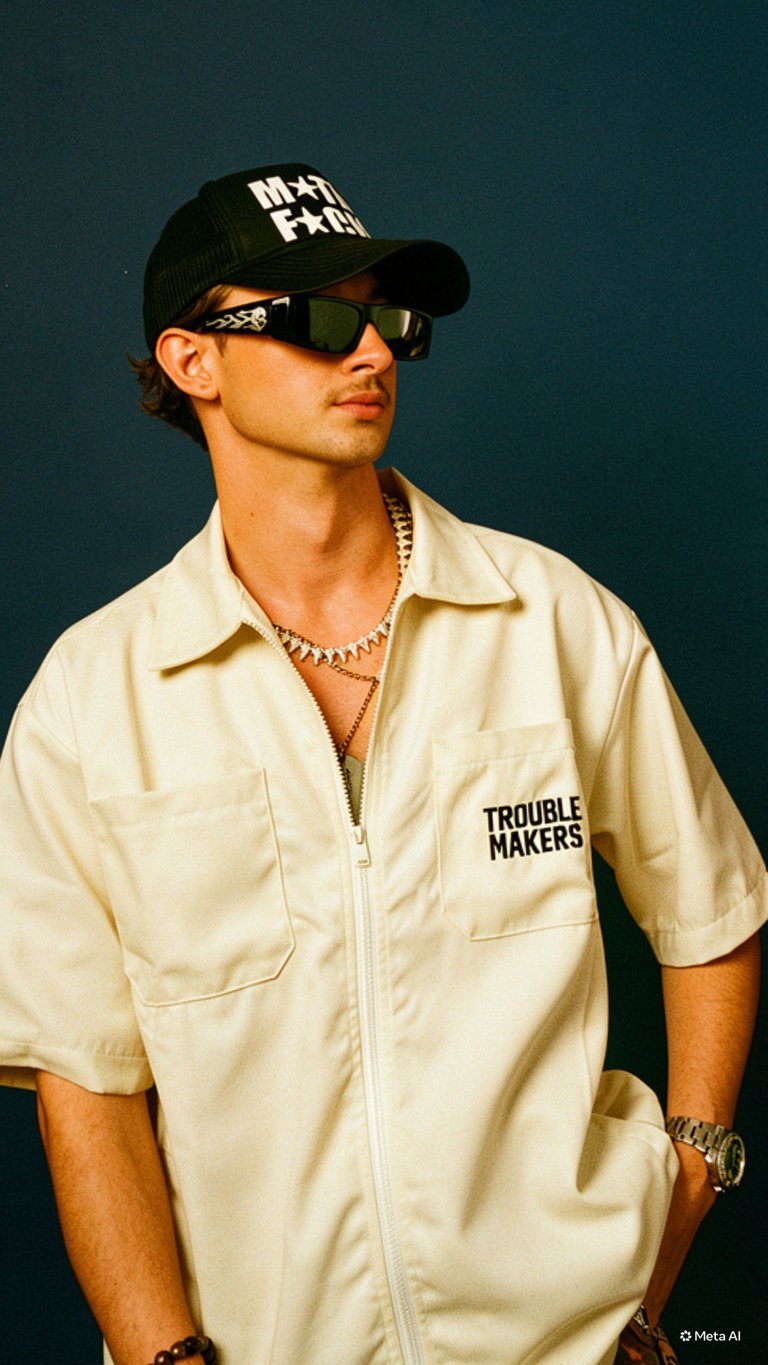 Man wearing cream utility shirt with Trouble Makers text, black cap, sunglasses, and chain necklace against teal background