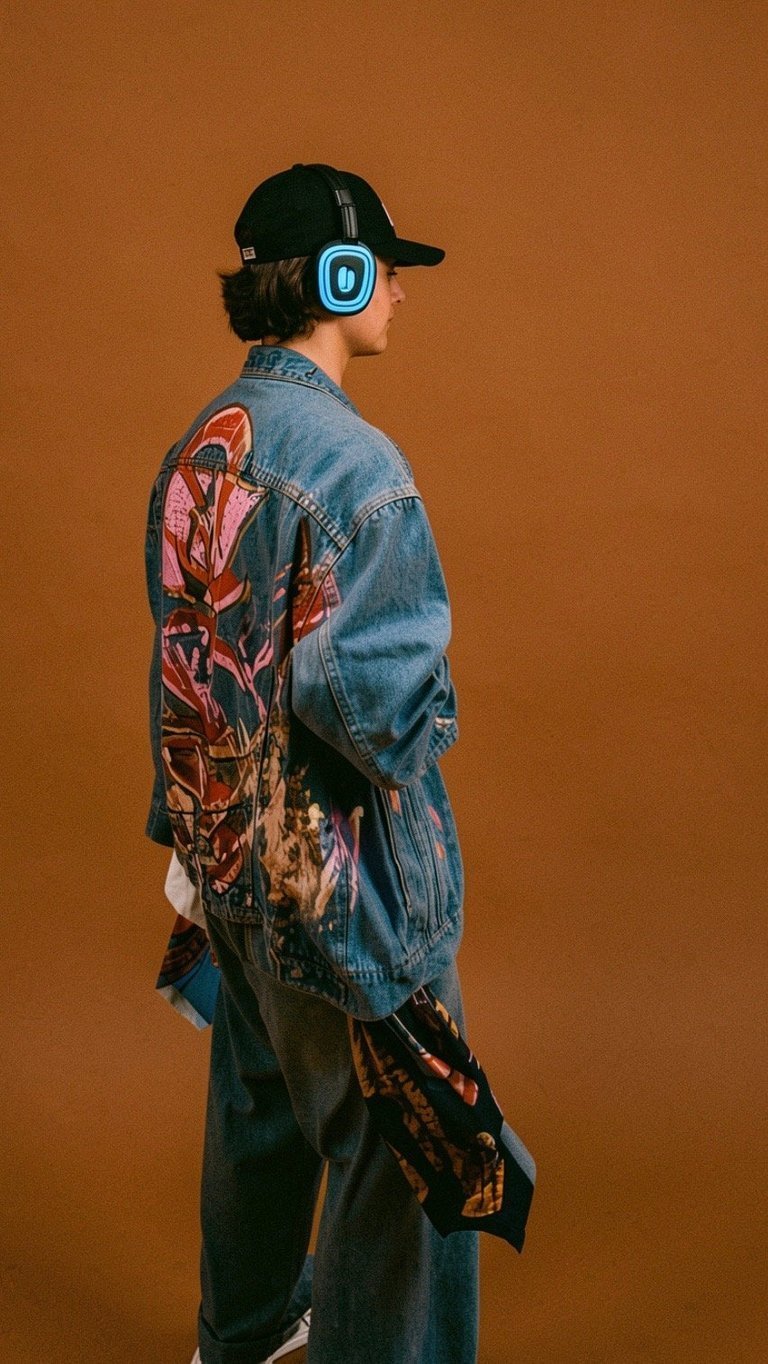 Person wearing black cap and blue headphones with glowing logo, standing in profile against orange background wearing embroidered denim jacket and jeans