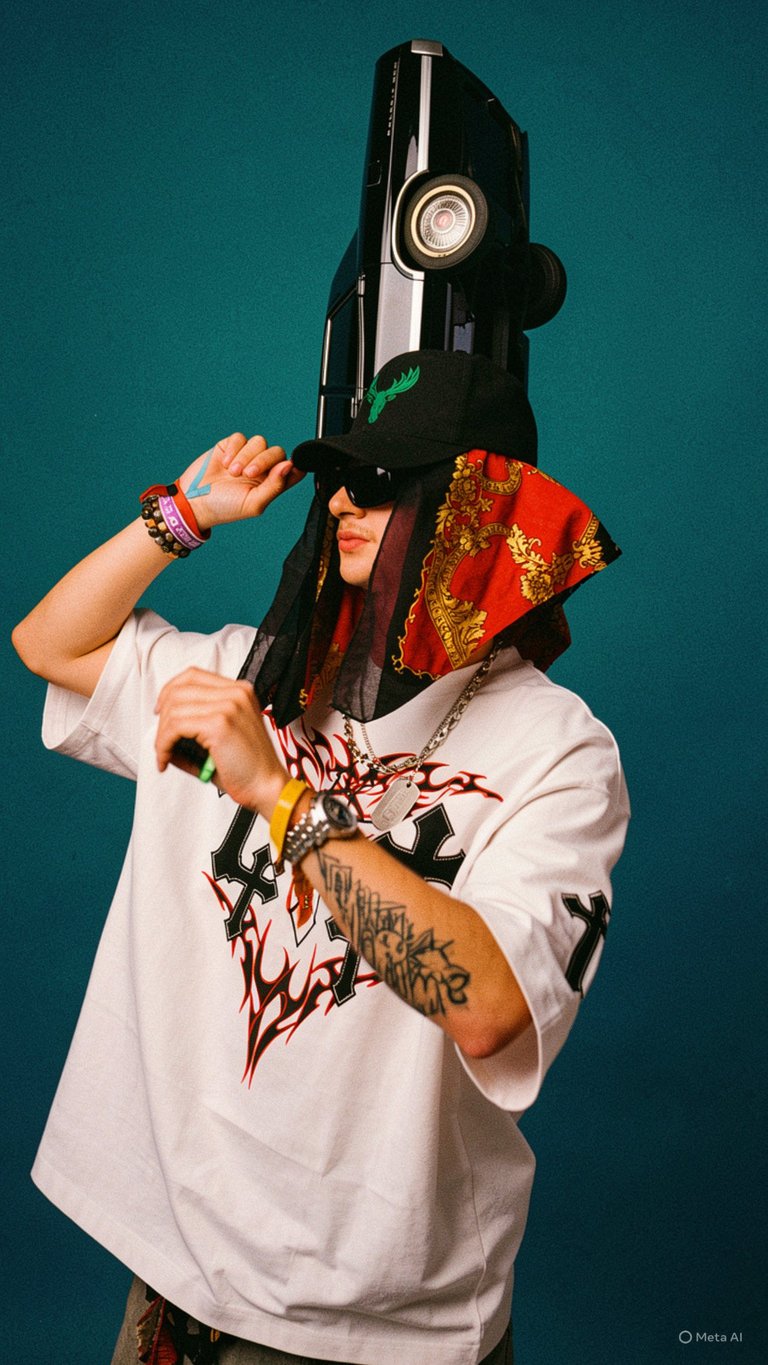 Person wearing graphic t-shirt and colorful accessories with large black speaker on head against teal background