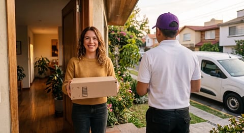 Repartidor entregando una caja de cartón a un cliente en la puerta de su casa, con la camioneta de reparto de fondo