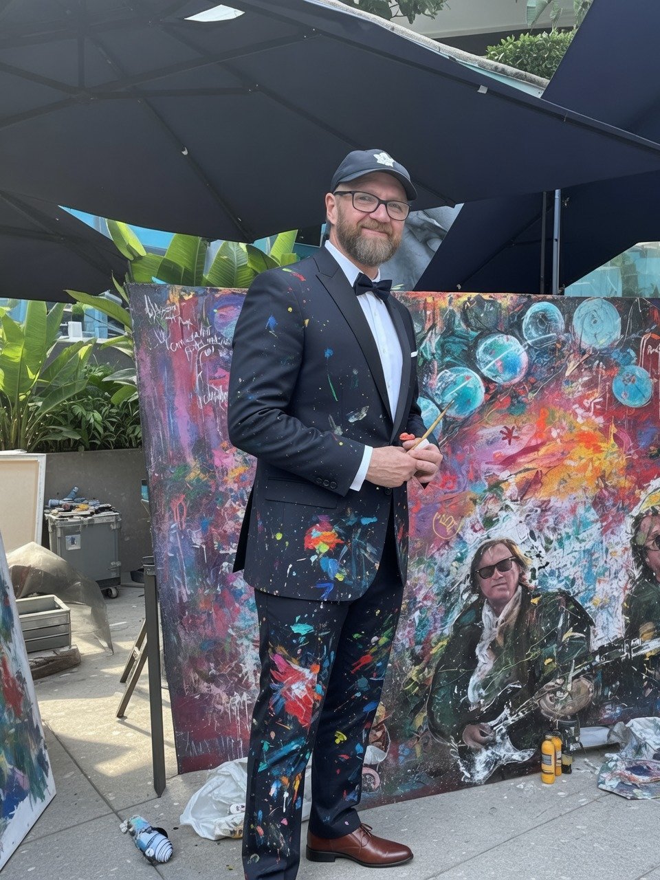 Man in colorful paint-splattered suit and glasses standing under black umbrella next to vibrant abstract artwork