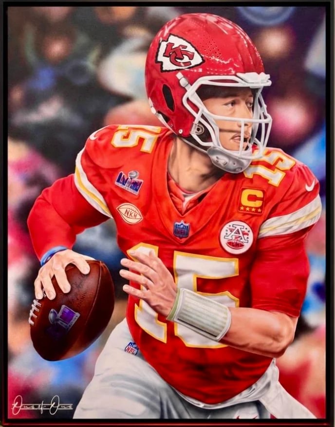 Peyton Lewis, Patrick Mahomes Kansas City Chiefs portrait, acrylic on wooden panel.