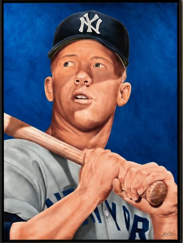 Peyton Lewis, Mickey Mantle 1952 New York Yankees portrait, acrylic on wood panel.