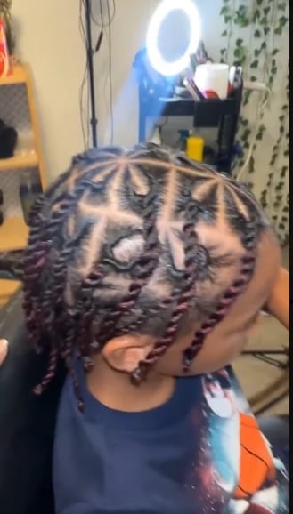 Close-up of a person with braided hairstyle featuring intricate geometric patterns in dark tones with purple accents