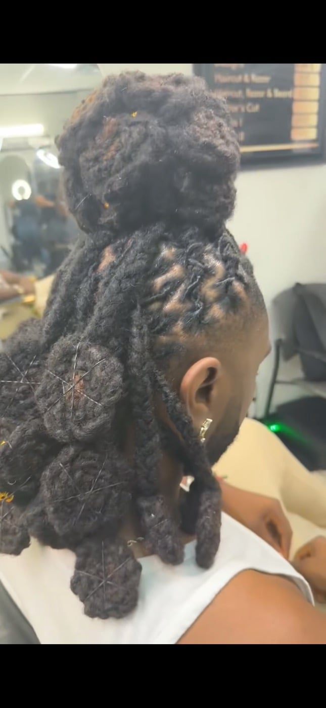 Back view of thick twisted black dreadlocks styled in an intricate updo