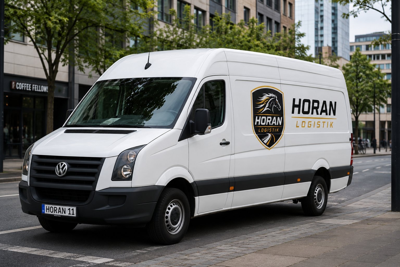 Weißer Volkswagen Transporter mit Horan Logistik Beschriftung
