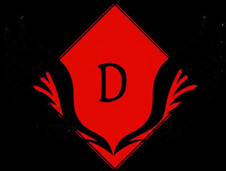 Red diamond-shaped emblem with the letter D and decorative red branch designs on either side