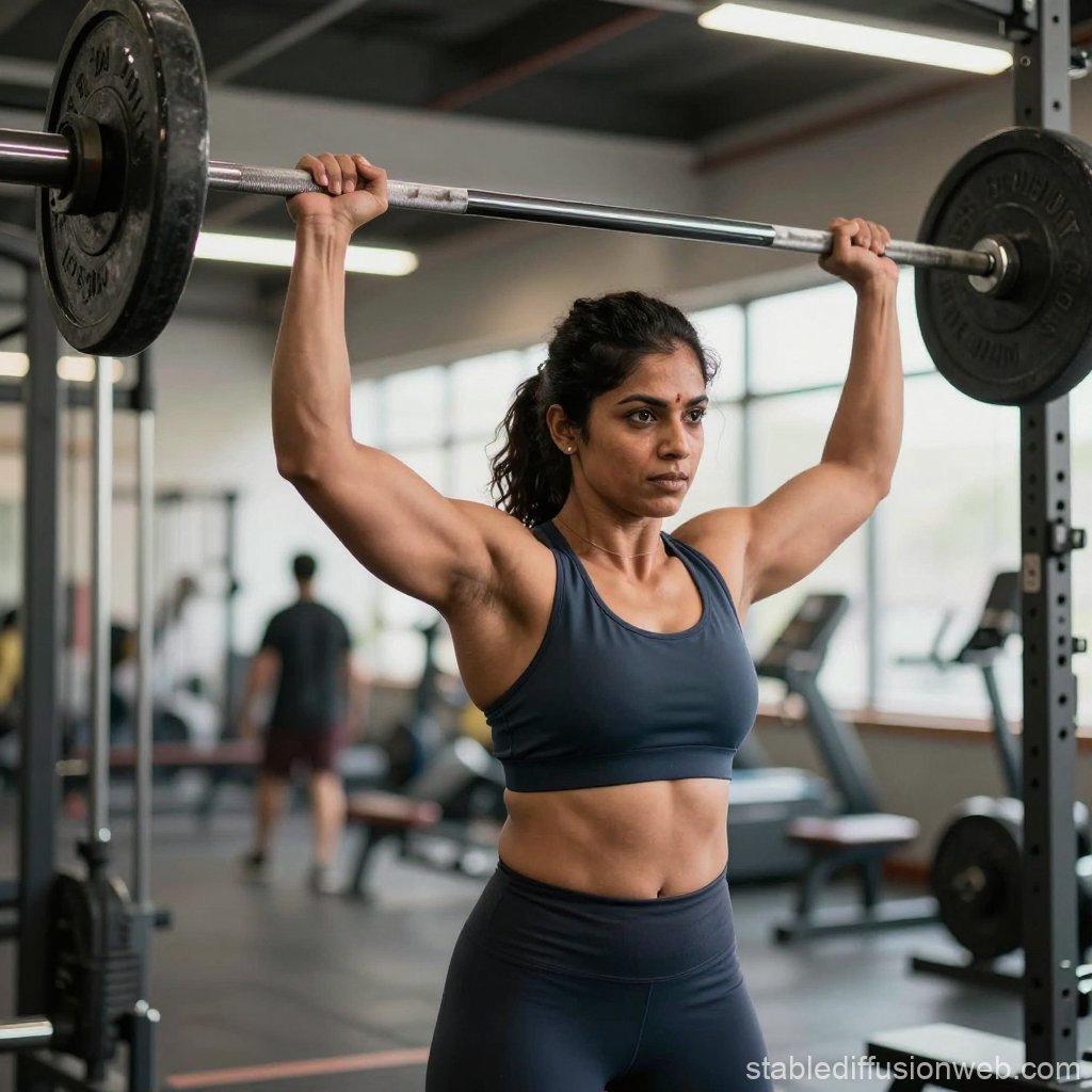 Woman performing overhead barbell press in a gym, wearing dark athletic attire