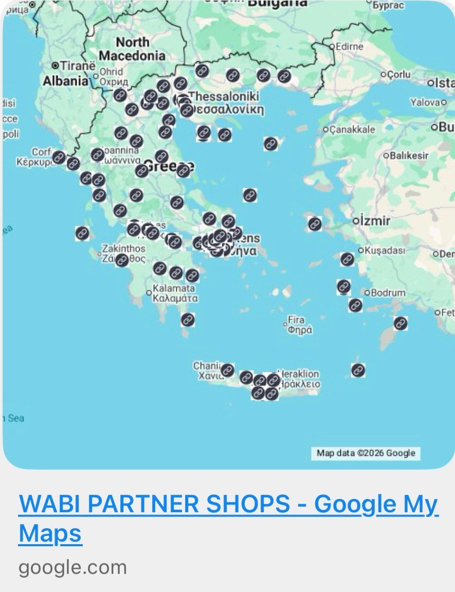 Google Maps showing WABI partner shop locations across Greece and surrounding regions with pin markers