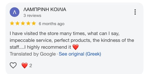Five-star Google review praising a store for excellent service, products, and staff kindness, posted 6 months ago