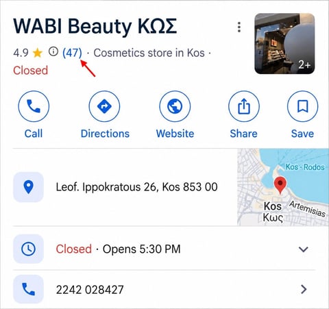 Google Maps listing for WABI Beauty KWS, a cosmetics store in Kos with 4.9 star rating, currently closed, showing address, phone number, and business information.