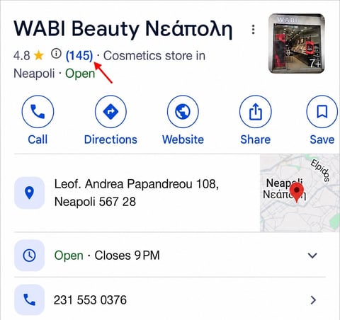 Google Business listing for WABI Beauty cosmetics store in Neapoli, showing 4.8 star rating, address, phone number, and hours open until 9 PM