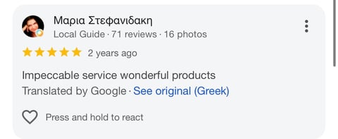 5-star Google review from Maria Stefanidaki, Local Guide with 71 reviews, praising impeccable service and wonderful products