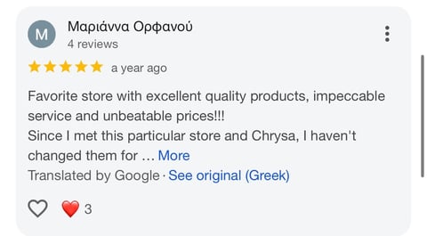 Five-star customer review by Mariana Orphanou praising a store for excellent quality products and service, posted a year ago