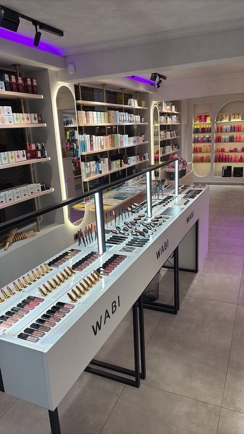 Modern cosmetics store interior with display tables showcasing makeup products and shelves lined with beauty items under purple accent lighting