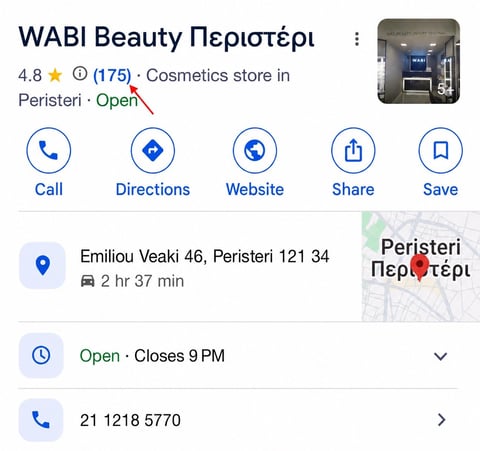 Google Business listing for WABI Beauty cosmetics store showing address, hours, rating of 4.8 stars, and contact information