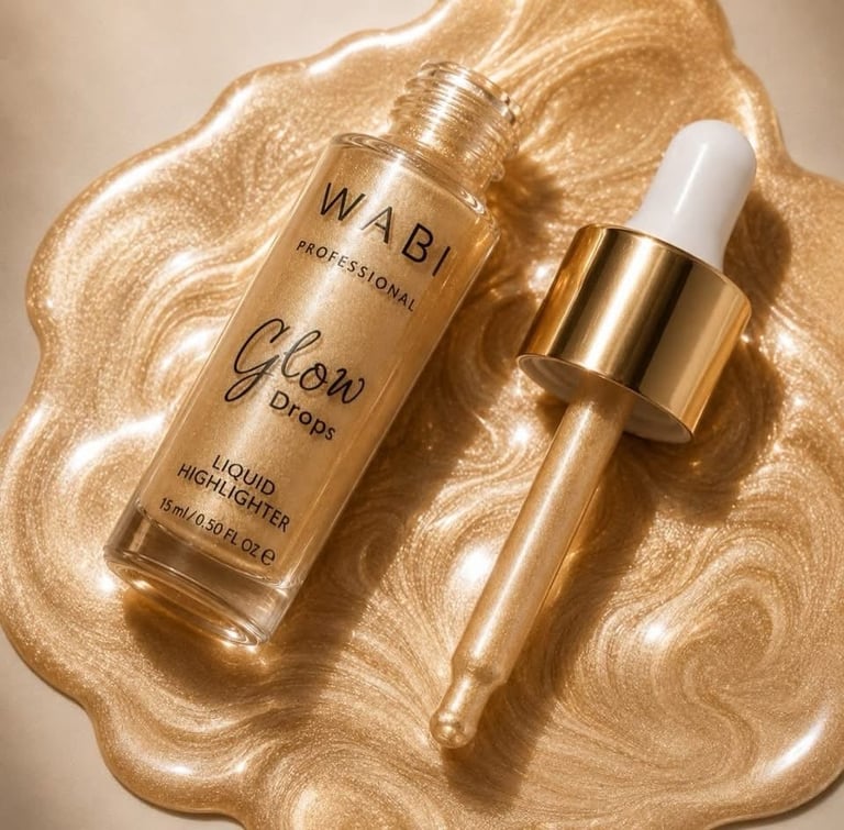 Two WABI Professional Glow Drops liquid highlighter bottles in gold shade on a shimmery golden background