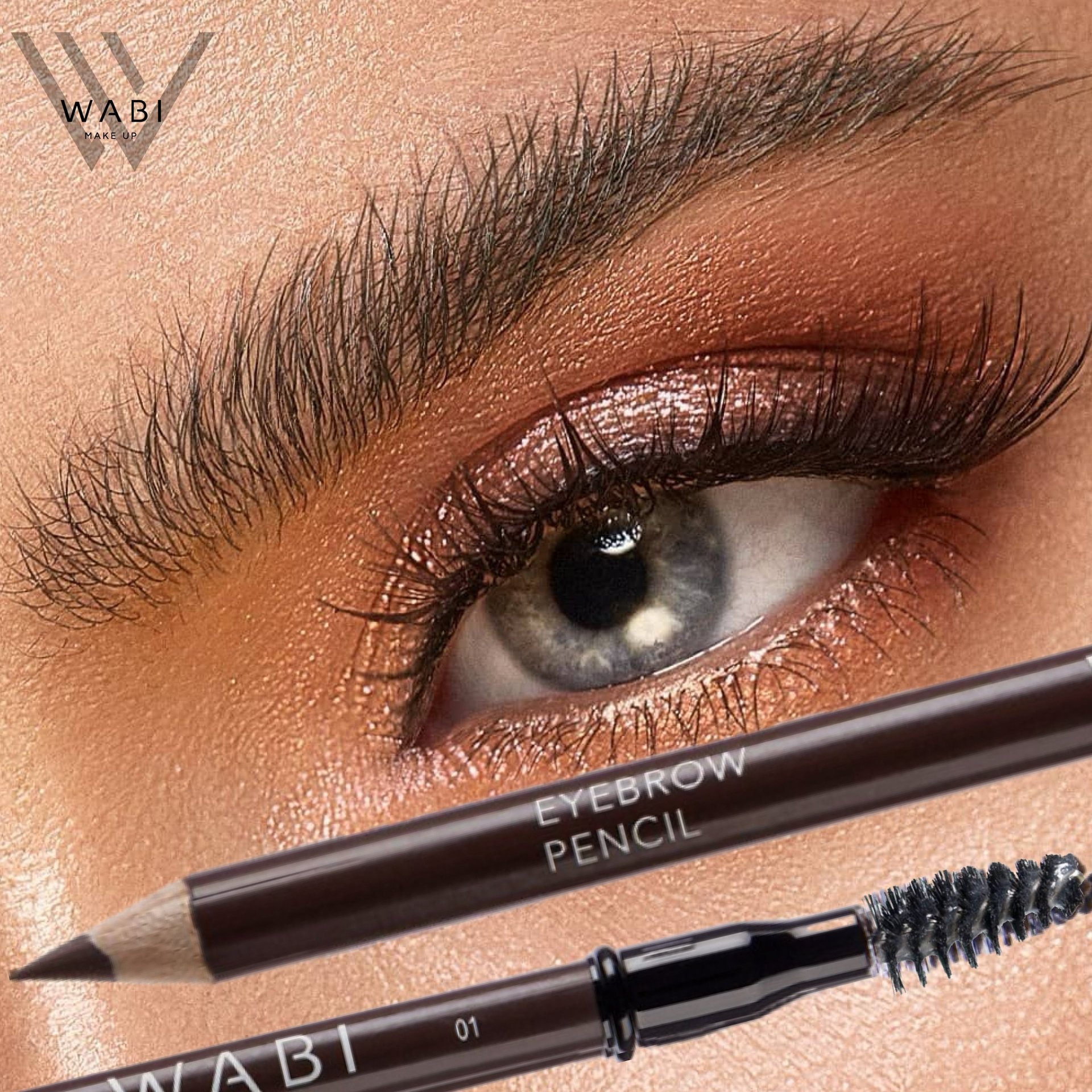 Close-up of eye makeup with warm copper eyeshadow, black eyeliner, mascara, and eyebrow pencil demonstration