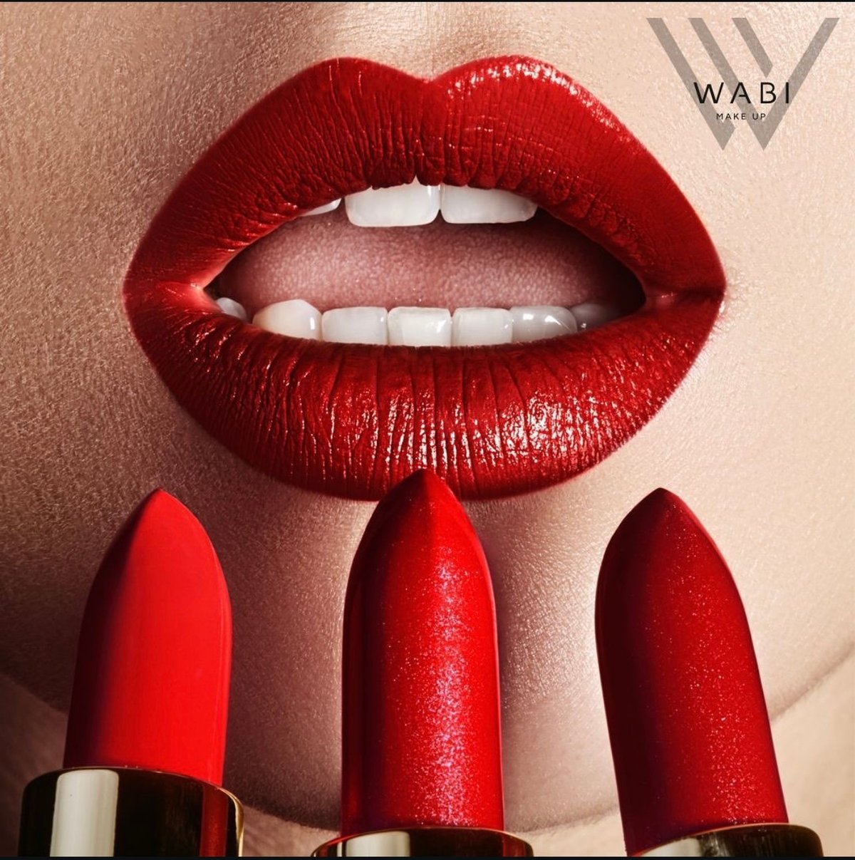 WABI cosmetics product advertisement featuring red lipstick swatches and a close-up of bold red lipstick worn on lips