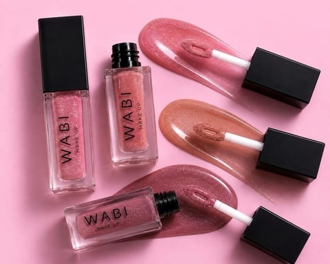 Collection of WABI cosmetics lip glosses and liquid lipsticks in pink and rose gold shades on pink background