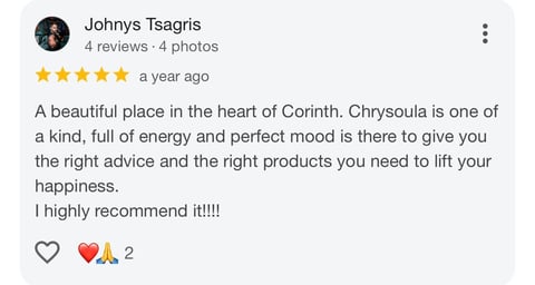 Five-star Google review from Johnys Tsagris praising Chrysoula, a shop in Corinth, posted a year ago