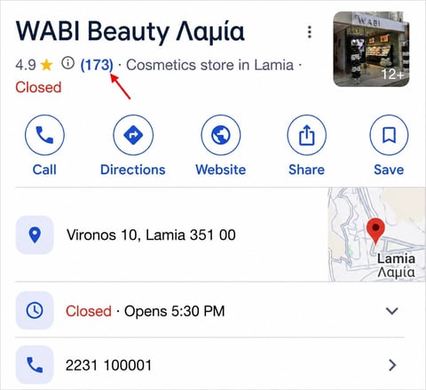 WABI Beauty Lamia cosmetics store listing showing 4.9 star rating, location at Vironos 10, and currently closed status