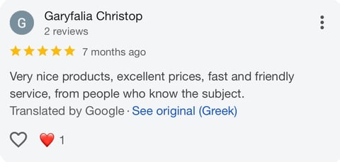 Five-star product review by Garyfalia Christop praising nice products, excellent prices, and fast service, posted 7 months ago