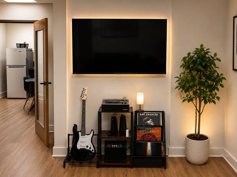 Modern living room corner with wall-mounted black screen, black electric guitar on stand, amplifier, decorative plant, and ambient lighting