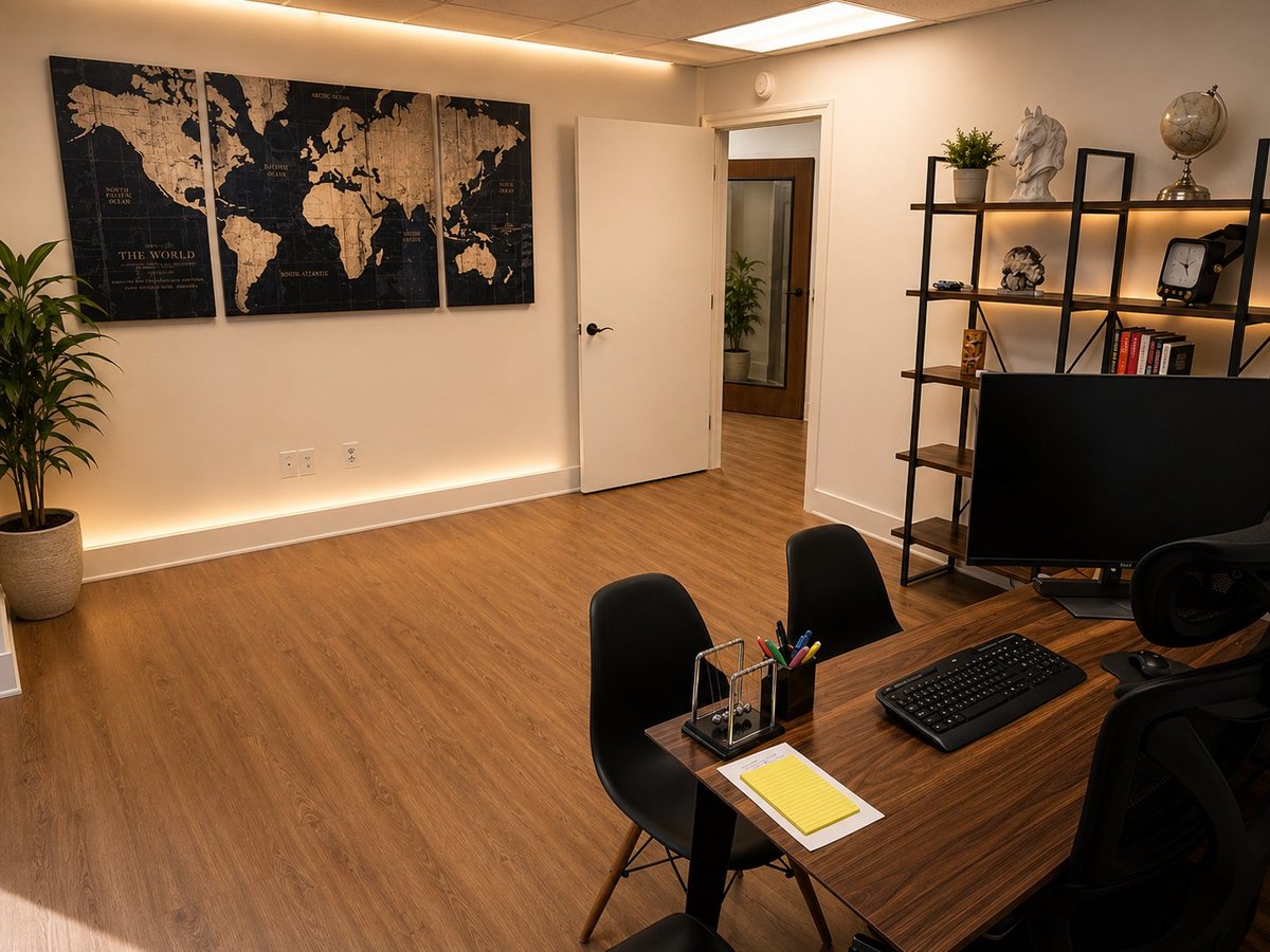 Modern office workspace with desk, black chairs, world map wall art, shelving with books, and wooden flooring