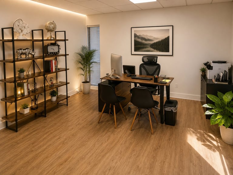 Modern office workspace with wooden desk, black chair, shelving unit, plants, and framed mountain landscape on wall