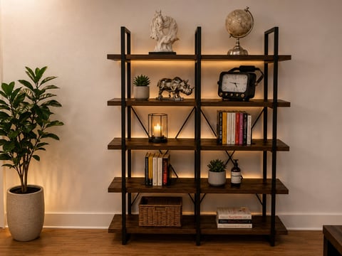 Industrial shelving unit displaying decorative items including plants, books, globe, and sculptures on wooden floors against a white wall